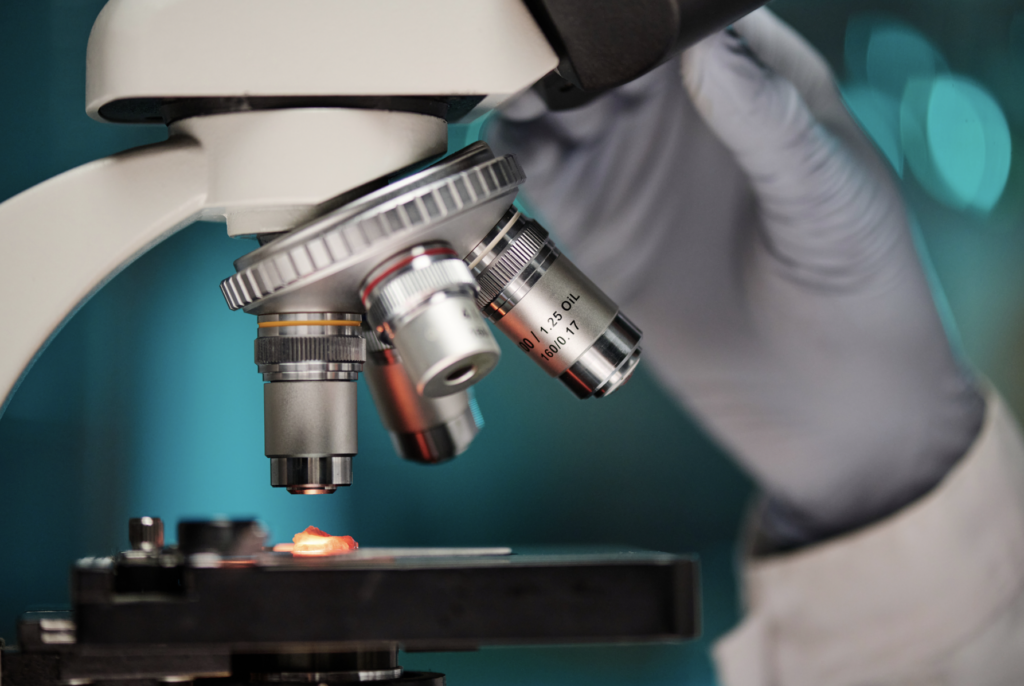 A gloved hand adjusts the focus knob of a microscope, observing a sample slide on the stage in a laboratory setting.