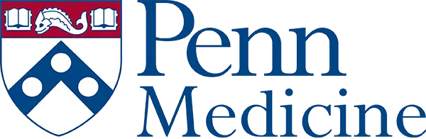 Logo of Penn Medicine, featuring a shield with three white circles on a blue background and a red upper section with a white horse-like figure between two open books. The text "Penn Medicine" is written in blue beside the shield.