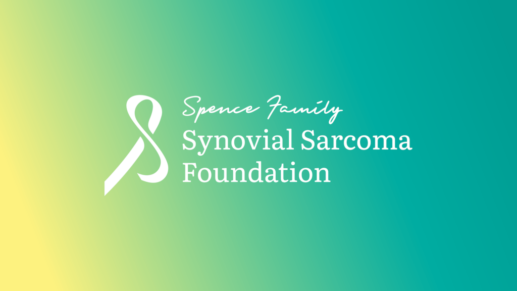 A background with a gradient from green to yellow features a white awareness ribbon and text saying "Spence Family Synovial Sarcoma Foundation.
