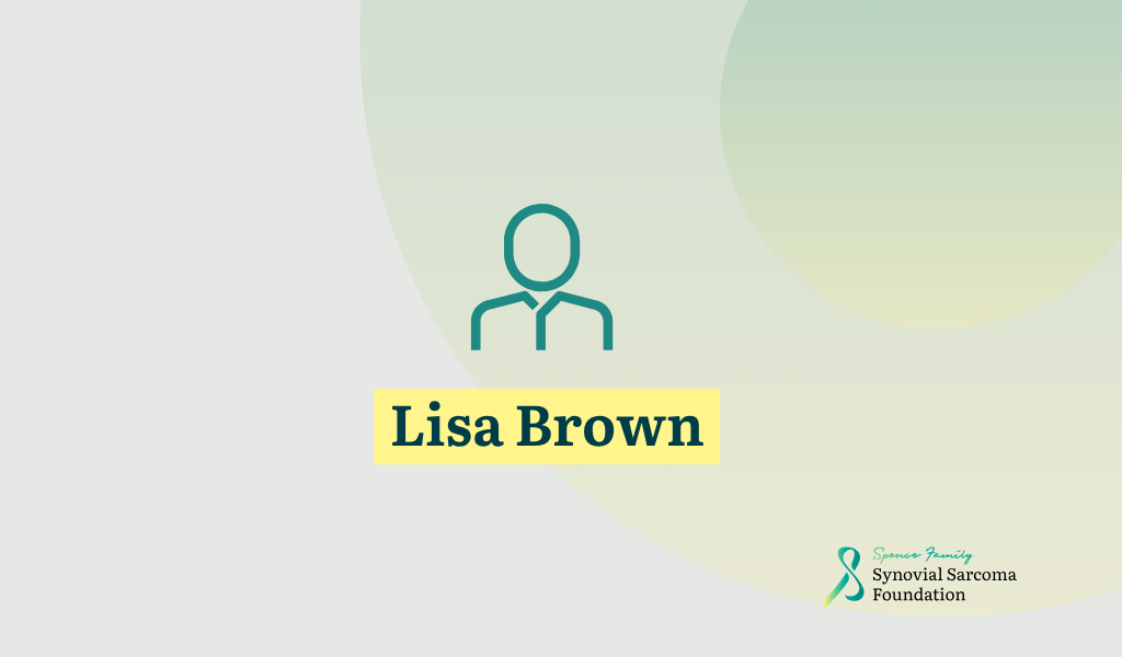 A simple illustration of a person above the name "Lisa Brown" highlighted in yellow, with the Synovial Sarcoma Foundation logo in the bottom right corner on a light gradient background.