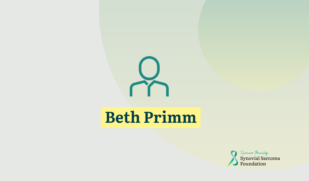 Simple outline of a person above the name "Beth Primm" highlighted in yellow, with the Synovial Sarcoma Foundation logo and text in the bottom right corner.