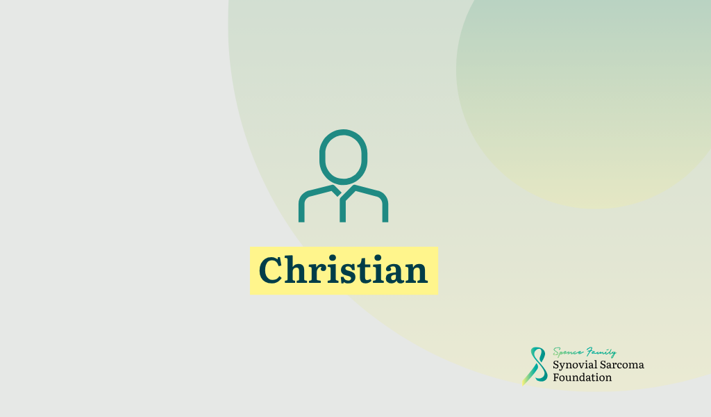 Minimalist graphic with a simple outline of a person above the name "Christian" highlighted in yellow. At the bottom right is the Synovial Sarcoma Foundation logo with a green awareness ribbon.