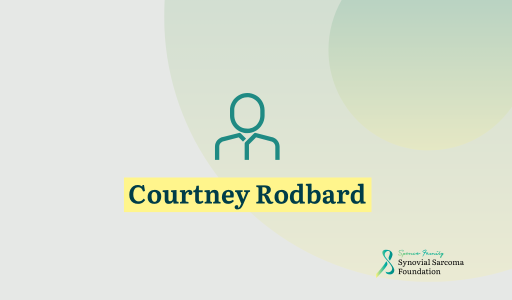 Minimalist graphic with a generic person icon above the name "Courtney Rodbard" in bold yellow text, and the Synovial Sarcoma Foundation logo in the lower right corner.