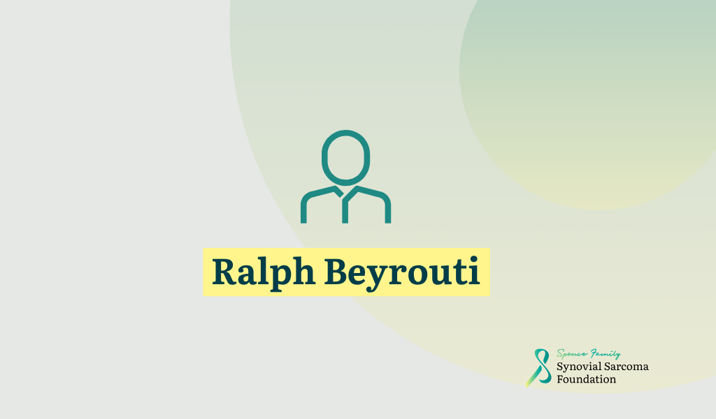 A simple graphic with an outline of a person above the name "Ralph Beyrouti" highlighted in yellow. The Synovial Sarcoma Foundation logo appears in the lower right corner.