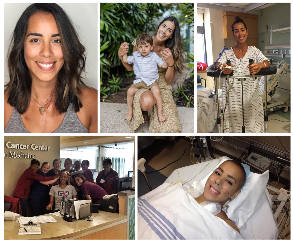 A collage of five images showing a woman at various stages: smiling, with a young child outside, in a hospital gown with medical equipment, in bed post-surgery, and with a group at a cancer center reception.