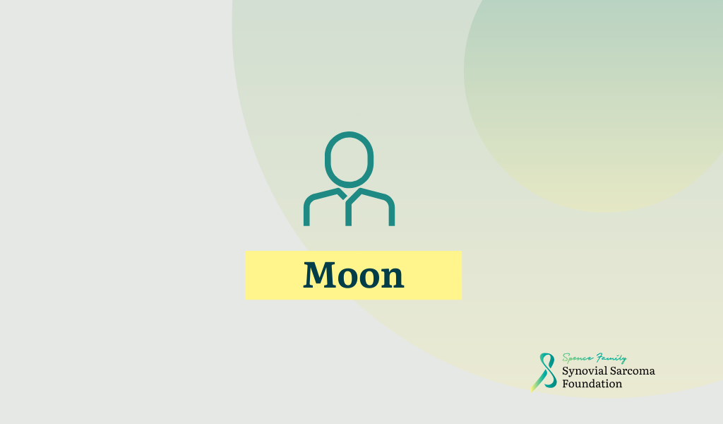Minimalist illustration with a teal outline of a person above a yellow box labeled "Moon." The Synovial Sarcoma Foundation logo appears in the bottom right corner of the image.