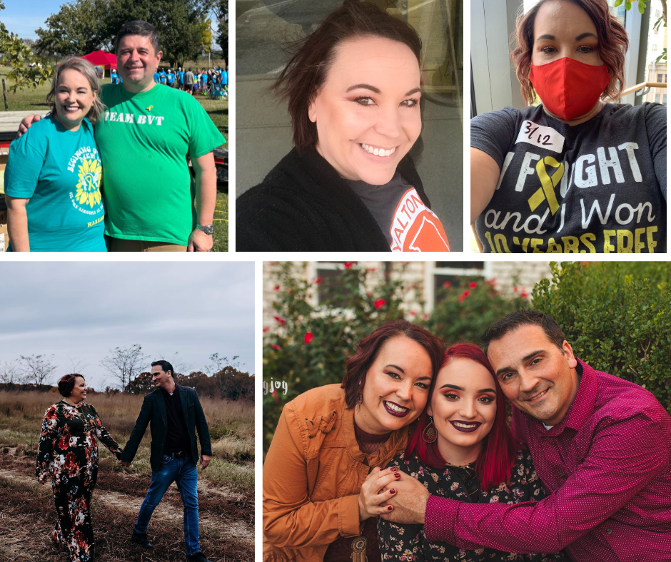 A collage of five photos featuring a woman with brown hair, sometimes with a man or a younger woman, in various settings including outdoors, smiling selfies, and with a yellow “10 Years Free” shirt and red mask.