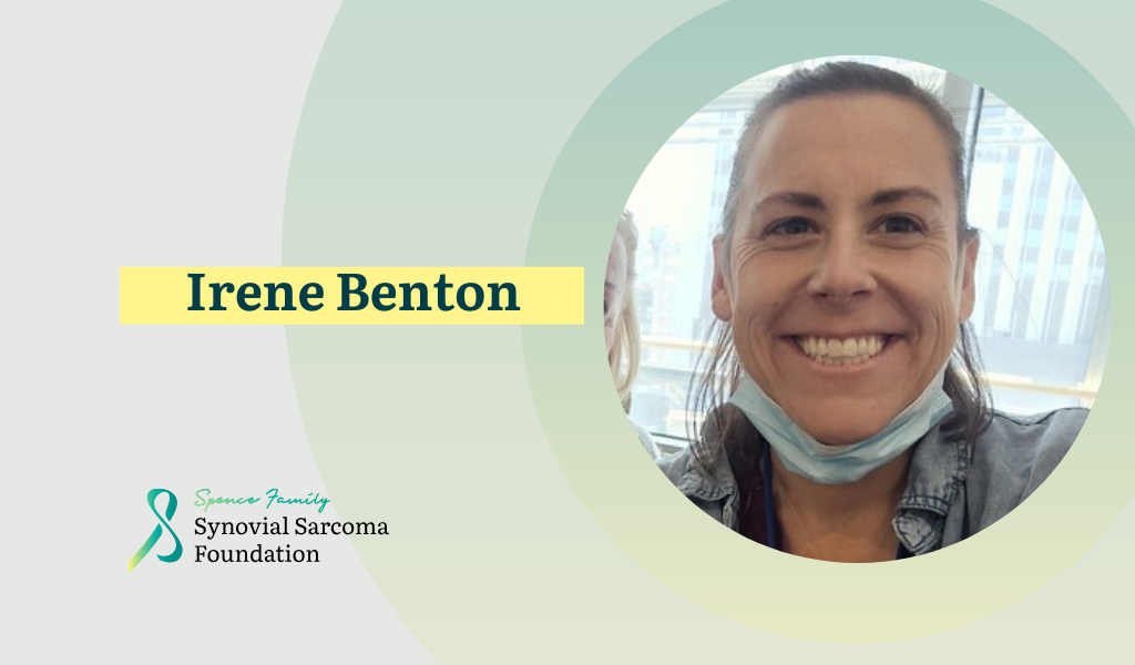 A smiling woman with a blue face mask under her chin is shown next to the name “Irene Benton.” The Synovial Sarcoma Foundation logo and name appear in the lower left corner on a soft green background.