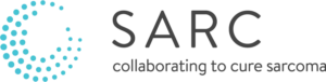 Logo for SARC featuring a circular pattern of blue dots on the left and the text "SARC collaborating to cure sarcoma" in black to the right on a light background.