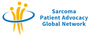 Logo with three yellow abstract human figures encircled by a blue swoosh, next to blue text reading "Sarcoma Patient Advocacy Global Network" on a light background.