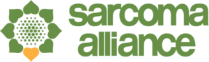 Sarcoma Alliance logo with a green flower-like design featuring a yellow heart at the bottom left, and the words "sarcoma alliance" in green lowercase letters to the right.