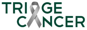 The words "Triage Cancer" are written in bold dark green letters, with a gray awareness ribbon replacing the letter "A" in "cancer.