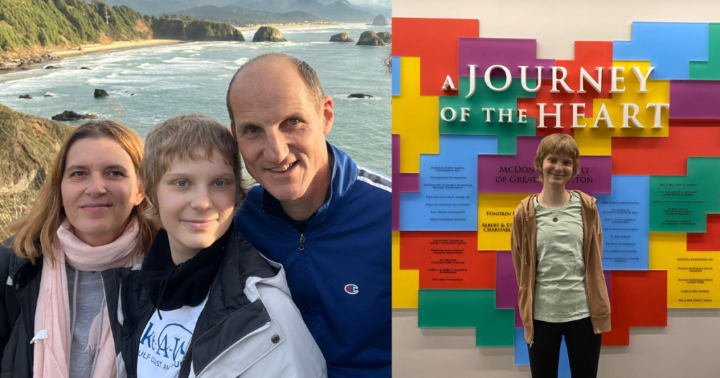 A collage with two photos: on the left, three people pose and smile outdoors by the ocean and rocky coastline; on the right, a person stands in front of a colorful wall display titled "A Journey of the Heart.