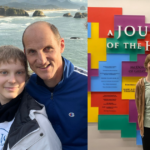 A collage with two photos: on the left, three people pose and smile outdoors by the ocean and rocky coastline; on the right, a person stands in front of a colorful wall display titled "A Journey of the Heart.