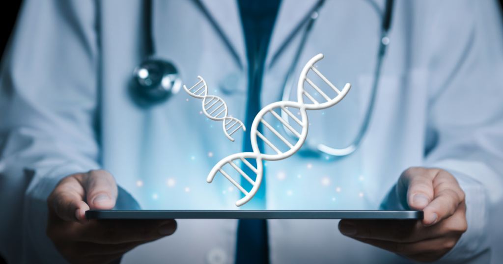 A doctor in a white coat with a stethoscope holds a digital tablet displaying floating DNA double helix graphics, representing genetic research or medical technology.