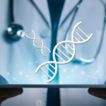 A doctor in a white coat with a stethoscope holds a digital tablet displaying floating DNA double helix graphics, representing genetic research or medical technology.