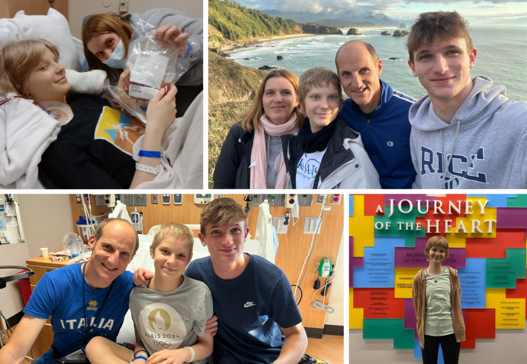 A collage of four photos shows a young boy in the hospital with family, the family posing by the coast, the boy and two men smiling in a hospital room, and the boy standing by a colorful “Journey of the Heart” sign.