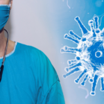 A healthcare worker wearing a blue mask and scrubs with a stethoscope around their neck stands next to a digital illustration of a virus, symbolizing medical response to infectious diseases.