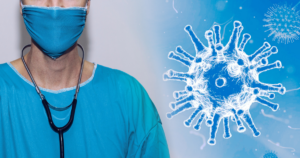 A healthcare worker wearing a blue mask and scrubs with a stethoscope around their neck stands next to a digital illustration of a virus, symbolizing medical response to infectious diseases.