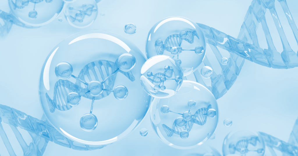 Transparent blue spheres with molecular structures inside float near visible DNA double helix strands, creating a scientific and futuristic background focused on genetics and biotechnology.