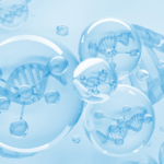 Transparent blue spheres with molecular structures inside float near visible DNA double helix strands, creating a scientific and futuristic background focused on genetics and biotechnology.