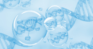 Transparent blue spheres with molecular structures inside float near visible DNA double helix strands, creating a scientific and futuristic background focused on genetics and biotechnology.