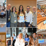 A collage of conference scenes: group photo, small group with certificate, speakers at podiums, attentive audience in a tiered auditorium, and conference banners displayed.
